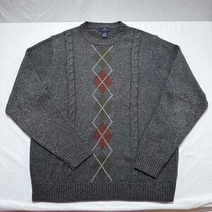 Mens Dockers Argyle Cableknit Crewneck Sweater Fine Gauge Cotton Gray Size Large